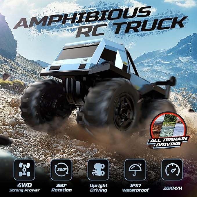 DEERC Amphibious Remote Control Car Monster Truck Toys Waterproof RC Stunt Cars for Boys 8-12 Toys W/Blocks & 360°Spin, 4WD All-Terrain Off-Road Pickup RC Truck 2.4Ghz 60+ Min Playtime Pool Toy Gift