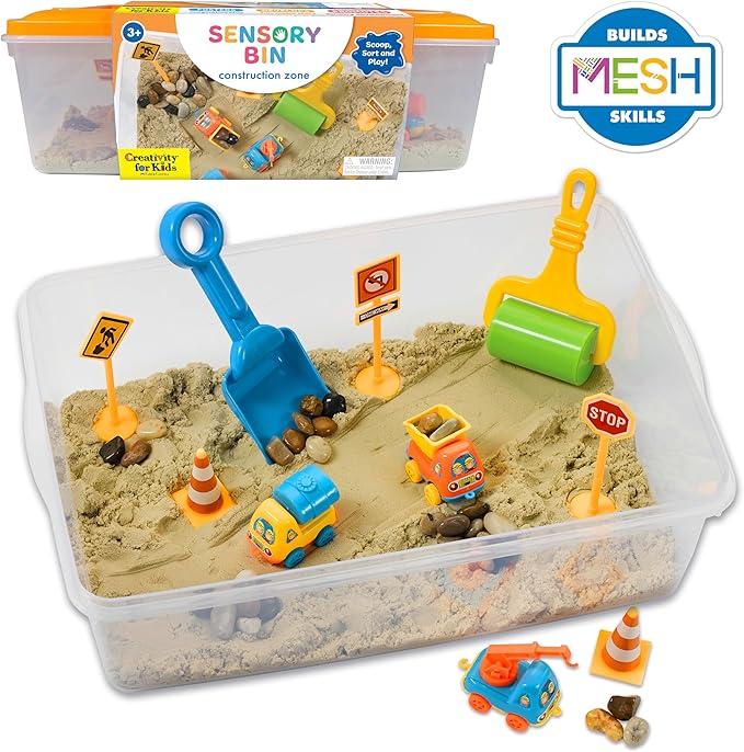 Creativity for Kids Sensory Bin: Construction Zone Playset - Preschool Learning Activities, Excavator Toys for Boys Ages 3-5+, Outdoor Toys and Gifts for Kids
