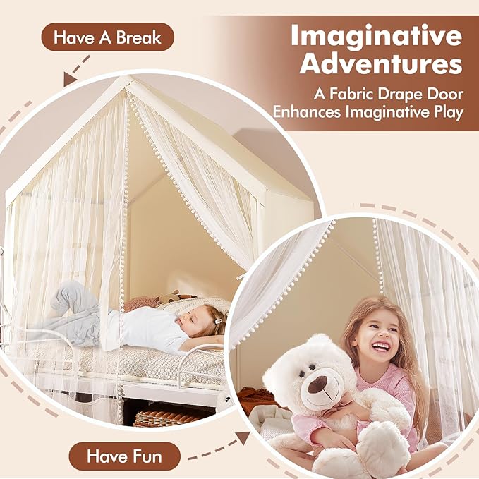 Monobeach Kids Tent Beige Play Tent with Long Mesh Curtain Large Playhouse for Indoor Outdoor Play Cottage Castle Toy for Girls Boys House Gift (Beige Kids Play Tent)