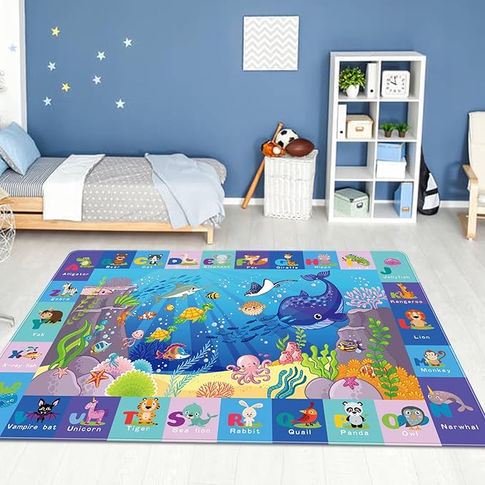 Baby Mat for Floor, Baby Kids Play Mat Rug, Playmat Baby Crawling Mat for Floor, Tummy Time Mat, Non-Toxic Non-Slip Foldable Kids Rugs for Playroom (Sea Animals, 59X39.4 INCH) Blue