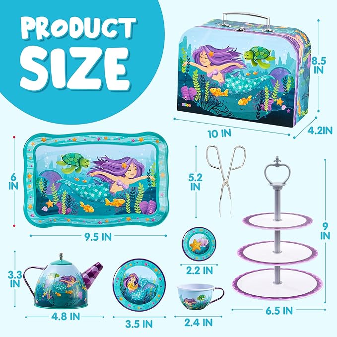 JOYIN 35Pcs Mermaid Tea Party Set for Little Girls, Pretend Tin Teapot Set, Princess Tea Time Play Kitchen Toy with Dessert, Doughnut, Carrying Case for Birthday Easter Gifts Kids Toddlers Age 3 4 5 6