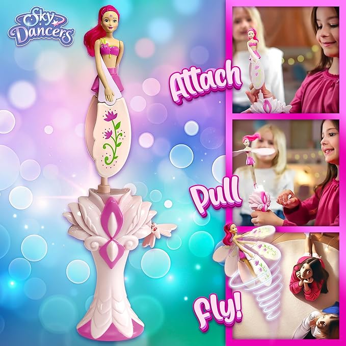 Sky Dancers Fuchsia Fantasy – The Original Flying Doll Toy – Pull String Powered, Use Indoors or Outdoors, No Batteries Required, Gift for Kids 6+
