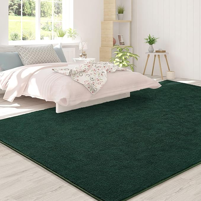 FlyDOIT Area Rugs for Bedroom Living Room, 7x10 Dark Green Super Soft Comfy Thickened Memory-Foam Indoor Carpets, Modern Aesthetic Minimalist Carpet for Boys Girls Adults Apartment Nursery Home Décor