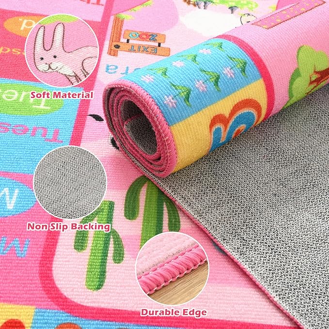 Terrug Kids Rug for Playroom, Educational Classroom Rug for Kids Room, Washable Nursery Rugs Non Slip Playroom Rugs Play Mat for Learning ABC Carpet, Numbers, Animal, Colors, Season, 4X6 Feet, Pink