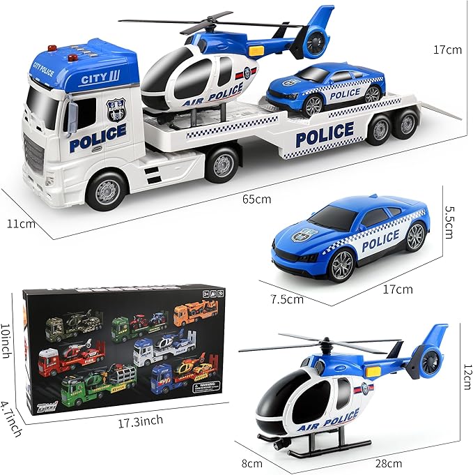 Dwi Dowellin Toddler Boy Toys for 3 4 5 6 Year Old, 25" Semi Truck Toy with Racing Car and Helicopter - Police Toys,Birthday Gifts for Kids Child 2 3 4 5 6 Years Old