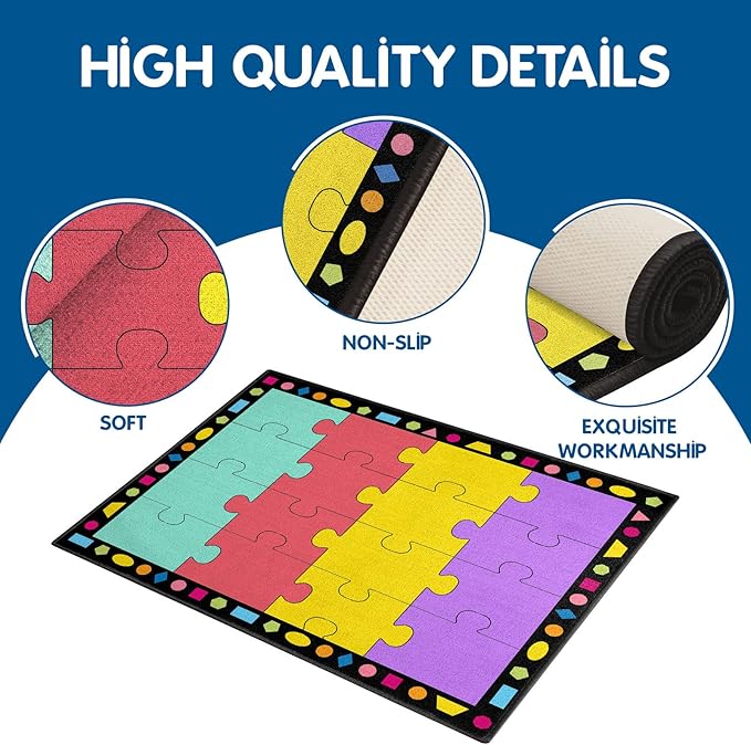 Booooom Jackson Classroom Rug Elementary 16 Seats Classroom Carpet 6.5 x 8.5 ft Preschool Rugs Colorful Puzzle Seating Rug with Non-Slip Backing for School (PzLaB-2620)