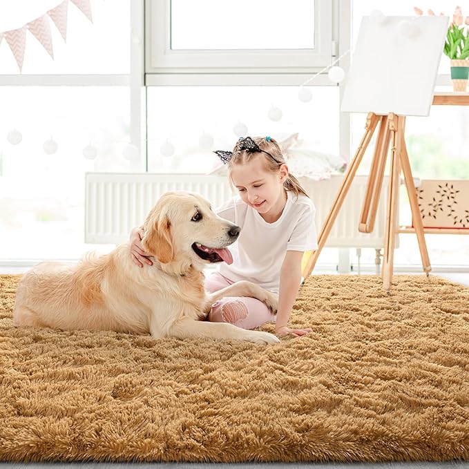 LOCHAS Luxury Round Fluffy Area Rugs for Bedroom Kids Girls Room Nursery, Super Soft Circle Rug, Cute Shaggy Carpet for Children Living Room, 4x4 Feet Khaki