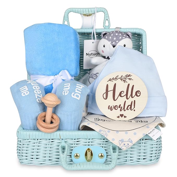 Newborn Baby Gift Set | Baby Gift Basket | Newborn Blanket, Wooden Teether, Security Blanket, Cap, Baby Bibs, Socks & Greeting Card (Blue)
