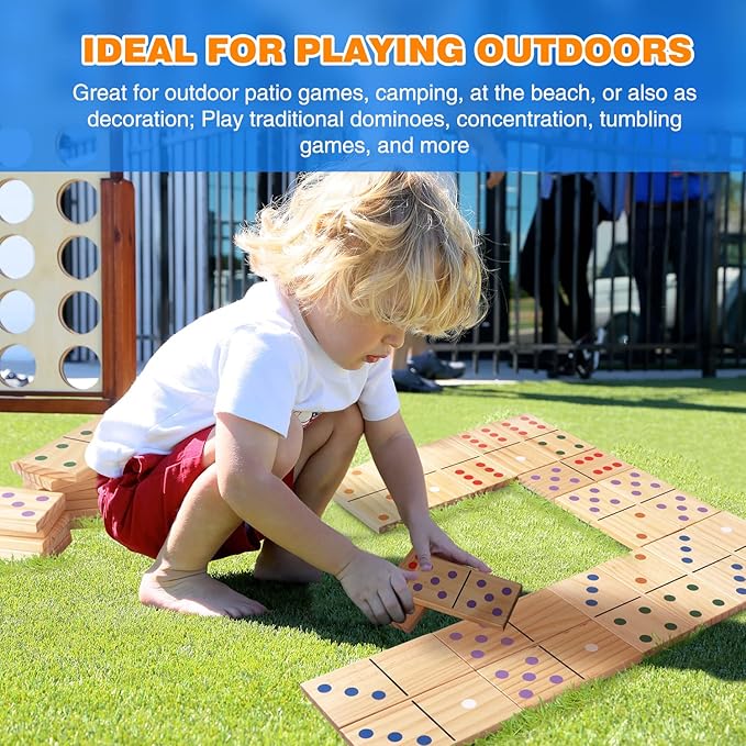 GSE Games & Sports Expert Medium Wooden Dominoes with Multi-Color Dots, 28 Pieces 5" x 2.5" Dominoes Game Set with Storage Bag for Home, Yard