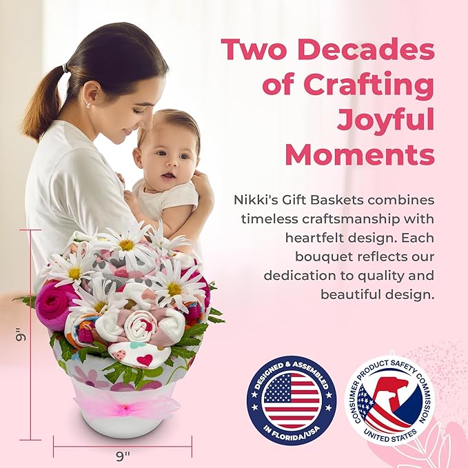Deluxe Baby Blossom Clothing Bouquet | Newborn Baby Girl Gift Set | Gift for Expecting Moms and Gender Reveals | New Baby Gift Basket | Pink Baby Gift Set | Baby Girl Outfits | Nikki's Gift Baskets