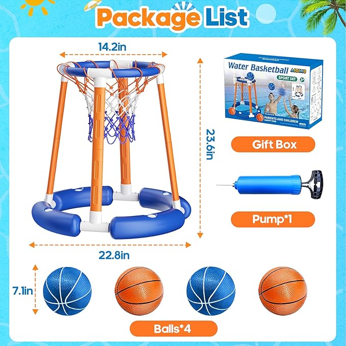 Pool Basketball Hoop Poolside, Floating Pool Toys with 4 Basketballs/1 Pump, Swimming Pool Games for Kids Adults, Water Basketball for Pool Basketball Games for Outdoor Indoor Play