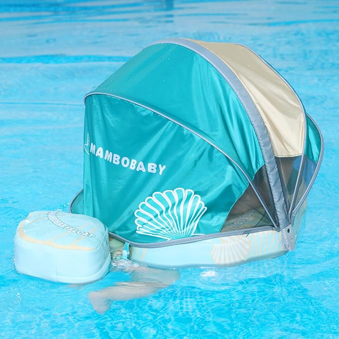Mambobaby Float Add Tail Baby Swim Float with Canopy Solid Pool Infant Swim Trainer Swimming Training Lying Air Free Water Floats Non-Inflatable Waist Swim Ring for Toddlers (Shell - Green)
