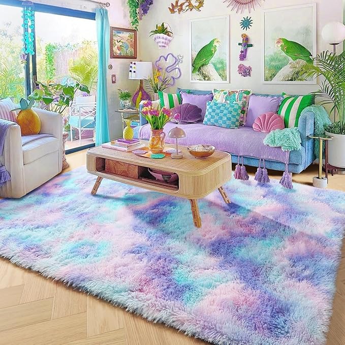 Amdrebio Purple Rainbow Rugs for Bedroom Girls Room Decor, Soft Fluffy Cute Area Rug 4x6 for Kids Room Playroom Nursery Dorm, Mermaid Stitch Frozen Fuzzy Carpet, Plush Kawaii Furry Baby Toddler Rug
