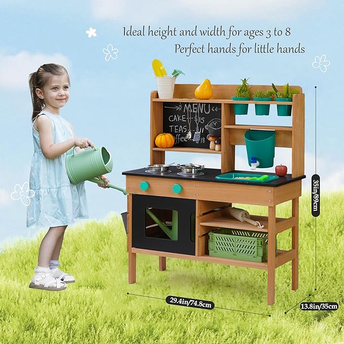 Mud Kitchen for Kids Outdoor – Wooden Pretend Play Kitchen Set with Realistic Stove, Sink & Gardening Tools | Montessori Learning Playset Toy for Toddler Ages 3+