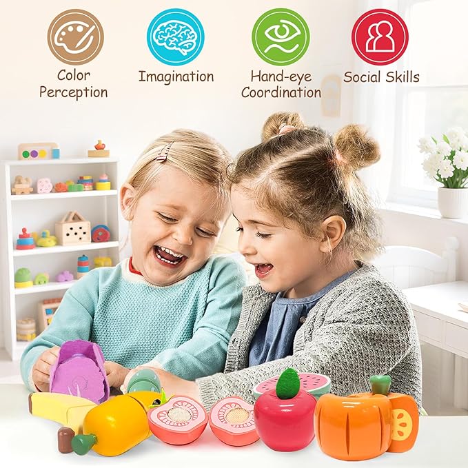 WHOHOLL Play Food Set for Play Kitchen Accessories, Wooden Toys Food Pretend Cutting Food with Apron, Montessori Toys for 3+ Years Old Girls Boys Eye-Protection Learning Resources