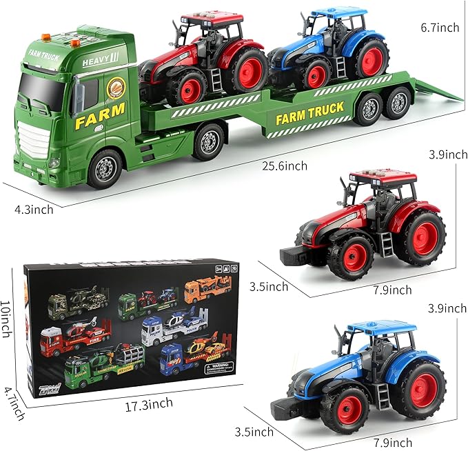 Dwi Dowellin Large Flatbed Semi Truck Toy for Kids,Includes Farm Vehicles,Car Toy Birthday Gift for 2 3 4 5 Years Old Boys and Girls