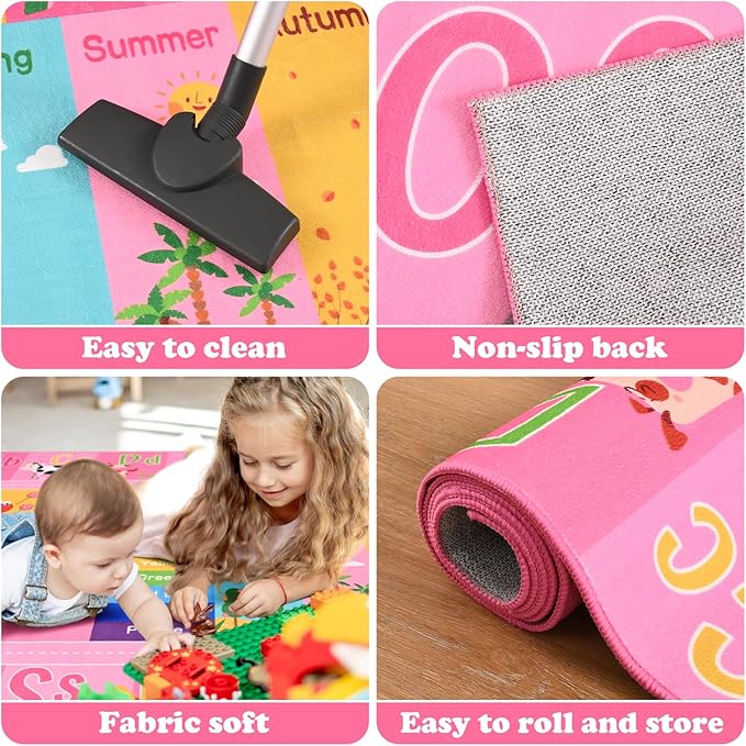 Pink Kids Rug for Playroom Classroom, ABC Alphabet Numbers Play Toddlers Rugs, 4x6 Learning Educational Bedroom Floor Mat, Washable Baby Carpet for Girls Room, Nursery, Preschool, Daycare