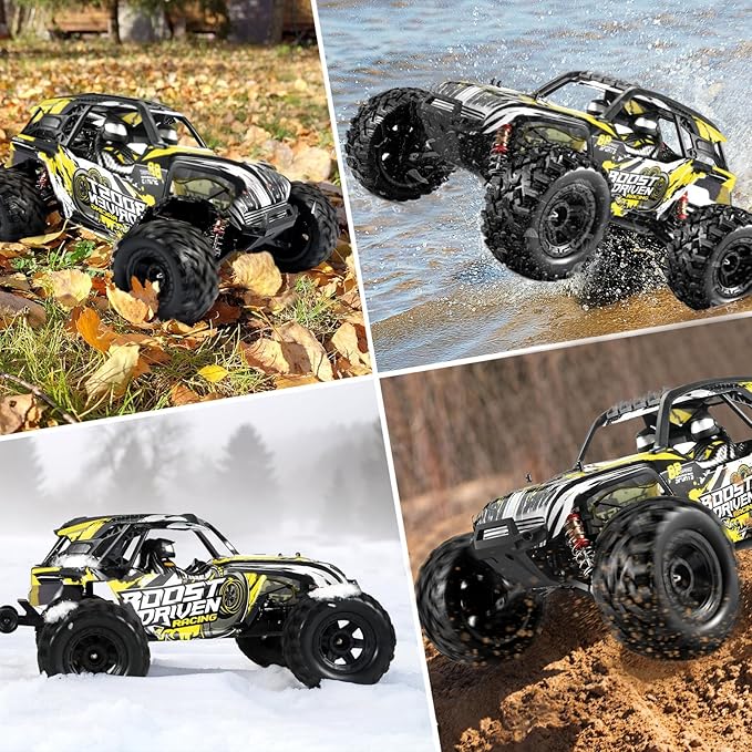 1:10 Large Brush RC Car for Adults, Fast Remote Control Car, 28+ MPH Rc Hobby Truck with Headlights, All Terrain 2.4Ghz Electric Hobby Rc Cars, 4WD Off Road Monster Truck for Adults - Yellow