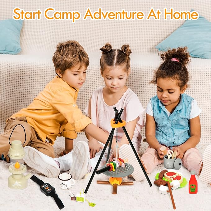 UMU Kids Camping Toys Set, Pretend Play with Campfire, Wooden Camping Playset Cutting Food for Play Kitchen Camping Gear for Kitchen Indoor Outdoor Camping Toys for Kids Toddlers Boys Age 3 4 5 6 7 8+