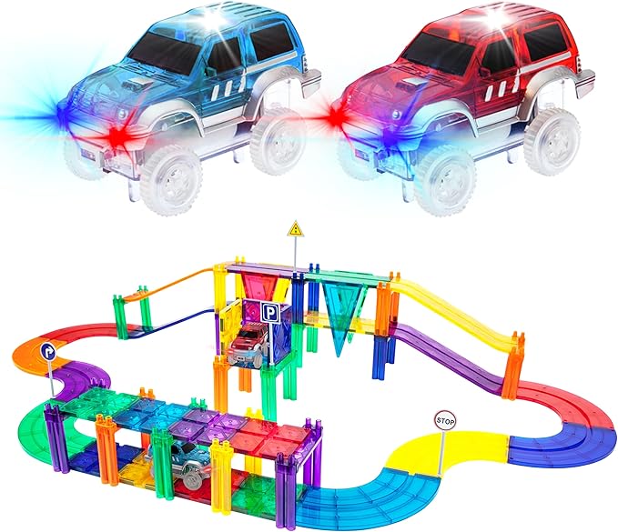 PicassoTiles 50PC Magnetic Race Car Track + Carry Case Bundle: STEAM Educational Playset for Kids Includes Travel Storage Organizer - Learning Construction Toy, Creative Design, Sensory Development