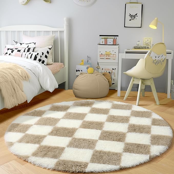 KICMOR Round Rugs 5ft for Bedroom Living Room, Fluffy Soft Circle Area Rug Fuzzy Shag Shaggy Carpet, Beige and Cream White Checkered Circular Rug for Kids Girls Boys Nursery Home Decor Aesthetic