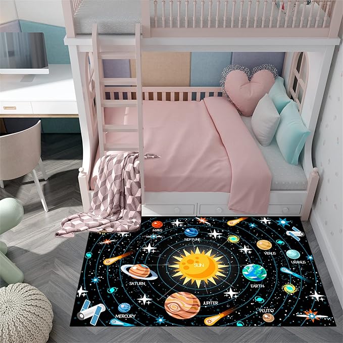 Universe Planet Area Rugs Outer Space Rugs for Boys Bedroom Educational Sofa Floor Mat Galaxy Solar System Theme Throw Rugs for Indoor Outdoor Carpets Crystal Polyester Mats Oversized, 5'×7'