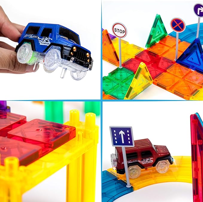 PicassoTiles 80 Piece Race Car Track + Ideabook with Over 150+ Ideas, Magnet DIY Playset 2 Light Up Car STEM Learning Kit Hand-Eye Coordination Fine Motor Skill Training, Unique Innovative Creations
