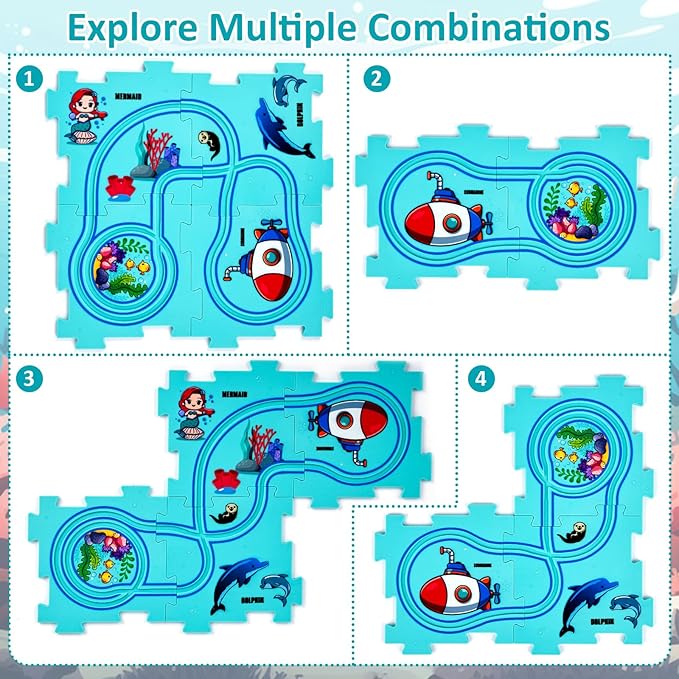 25PCS Puzzle Racer Kids Car Track Set, Rail Car Puzzle Track Ocean Themed Series, Puzzle Track Car Play Set, Toddler Puzzle Track Car, Educational Puzzle Toys Gifts for Kids Boys and Girls