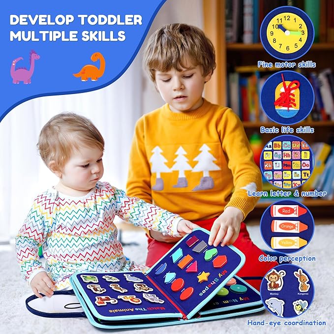 Toddler Busy Board for 1 2 3 Year Old Boys and Girls, Montessori Sensory Toys for Toddlers, Preschool Learning Activities Busy Book, Travel Toys for Airplane Car, Educational Birthday Gifts for Kids