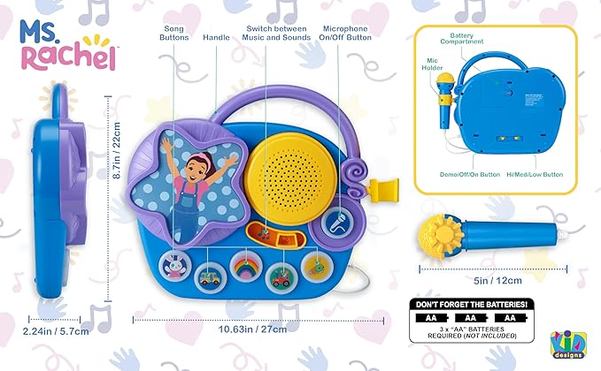 eKids Ms Rachel Karaoke Microphone with Boombox for Fans of Toddler Toys, Kids Karaoke Machine with Built in Music