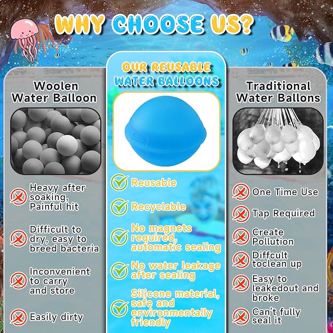 Reusable Water Balloons for Kids, 12Pcs Silicone Self-Sealing Refillable Water Balls Balloons, Summer Water Play Toys Splash Balls for Outdoor Games Backyard Lawn Beach Fun Games for Boys Girls