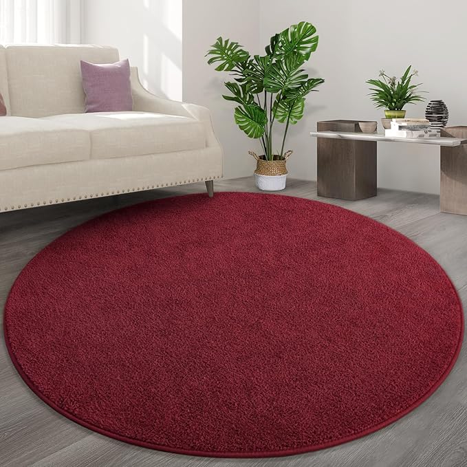 FlyDOIT Round Area Rugs for Bedroom Living Room, 6x6 Rose Red Super Soft Comfy Thickened Memory-Foam Indoor Circle Carpets, Modern Aesthetic Minimalist Carpet for Boys Girls Adults Nursery Home Décor