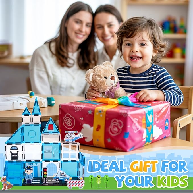 cossy Magnetic Tiles Police Set, Magnetiles with Policeman, Magnetic Tiles for Kids Ages 4-8, STEM Toys, Magnet Blocks for Boys and Girls, Creative Building Toys, Police