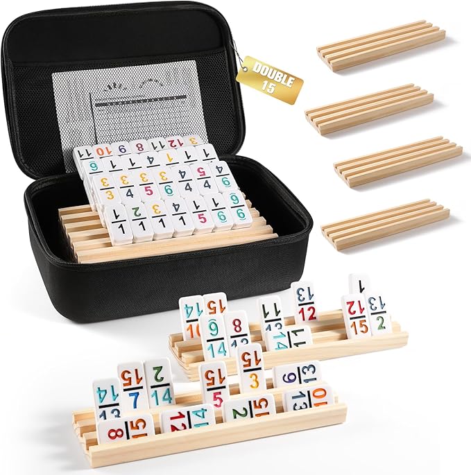 Mexican Train Dominoes Set with Numbers and 8 Wooden Trays/Racks, Double 15 Dominos Travel Set with 8 Tiles Holders, 136 Tiles Double 15 Colored Dominoes Game Set with Zippered Case for Family Kids