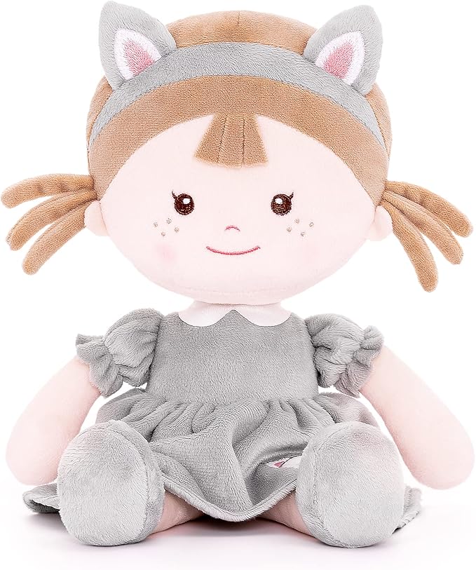Onetoo First Baby Doll Soft Baby Gifts for Girls Plush Rag Doll Wear Kitty Costume Gray Dress 14"