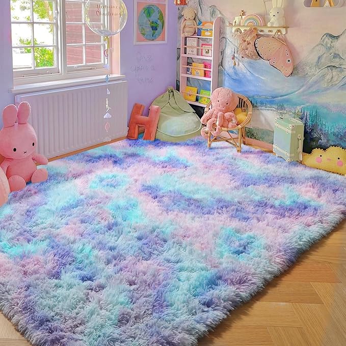 Amdrebio Blue Purple Rainbow Mermaid Rugs for Bedroom Girls Room Decor Aesthetic, 5x8 Fluffy Kawaii Area Rugs for Kids Room Nursery Dorm, Stitch Frozen Fuzzy Carpet, Cute Plush Furry Baby Toddler Rug
