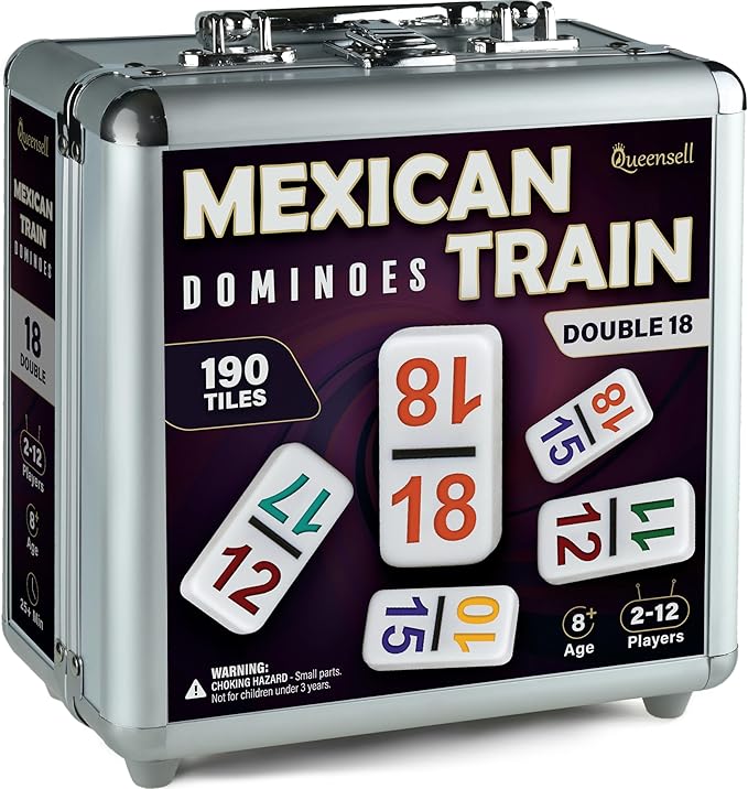 Queensell Mexican Train Dominoes Set with Numbers - Double 18 Dominos Set for Adults and Kids - Mexican Dominoes Train Game Night Games for Adults with Wooden Hub and Aluminum Case