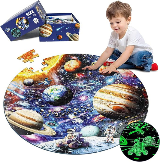 Glow in The Dark Solar System Jigsaw Puzzles for Kids Ages 4-8, 70 Pieces Kids Space Planet Floor Puzzle Toys Ages 8-10, Large Round Educational Puzzle Toys Gifts for Boys Girls Children