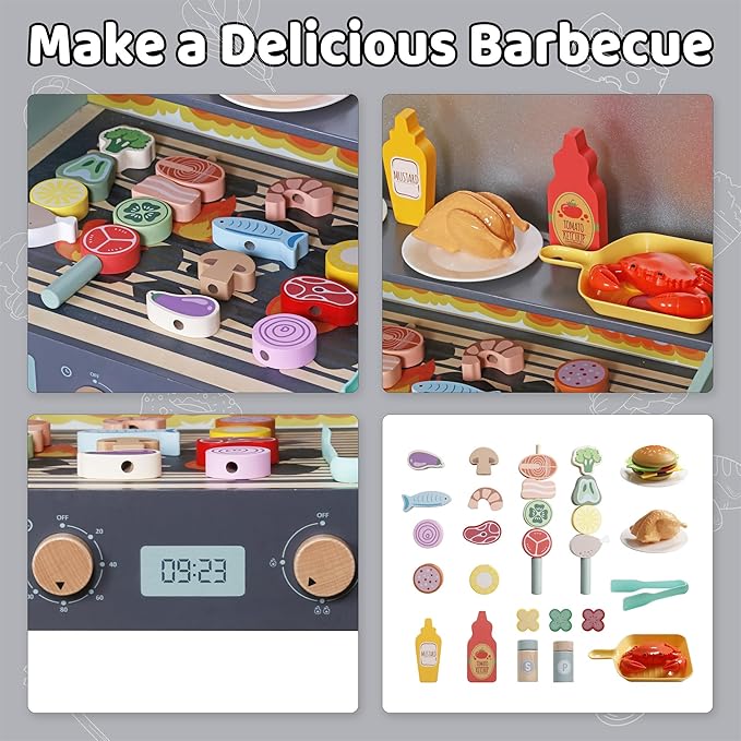Wooden Play Barbecue Toy Grill, Kids BBQ Playset with Toy Food and Grilling Tools, Cooking Interactive Toys Christmas Birthday Gift for Toddlers Girls Boys 3-6