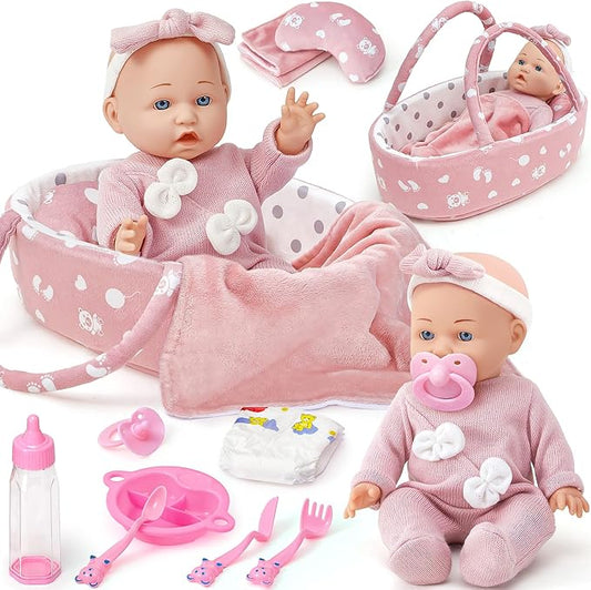 Golray 12" Soft Baby Doll Set with Accessories Bassinet Carrier, 13 Pcs First Toddlers Realistic Baby Doll Crib with Pillow/ Clothes/ Feeding Kit, Pretend Play Toy Birthday Gift for Girls Ages 3 4 5 6