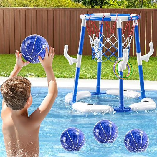 Swimming Pool Basketball Hoop Toy for Kids 2 3 4 5 6 Years Old - Floating Pool Basketball Game Toys with 4 Balls Air-Pump, Outdoor Play, Poolside Summer Water for Boys Girls Age 4-8-12(Blue)