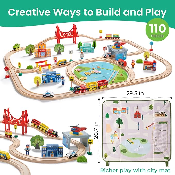 Tiny Land 110pcs Wooden Train Set with Folding Storage Box, Wooden Train Track Toy for Boys & Girls, Age 3-7, Includes Convenient Storage
