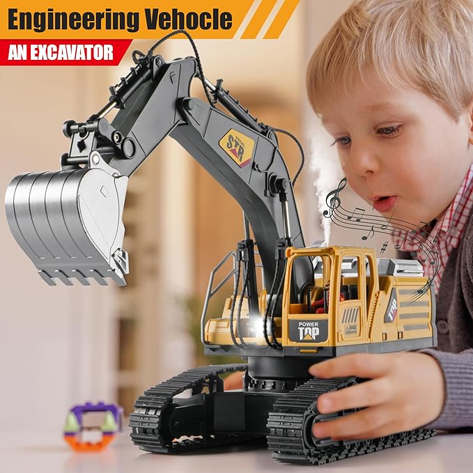 Remote Control Excavator Toys for Boys,14 Channel RC Digger Construction Toys Tractor,Simulated Smoke, Sound, Lighting, Metal Digging Head, for Boys 6 7 8 9 10 11 12