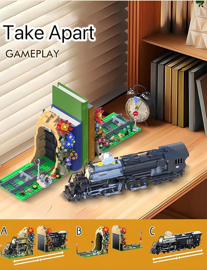 Big Black Steam Train Building Blocks Kits,Creative Flower Train Bookshelf ,1848 Pcs,Room Office Decoration,Gifts for Boys and Girls