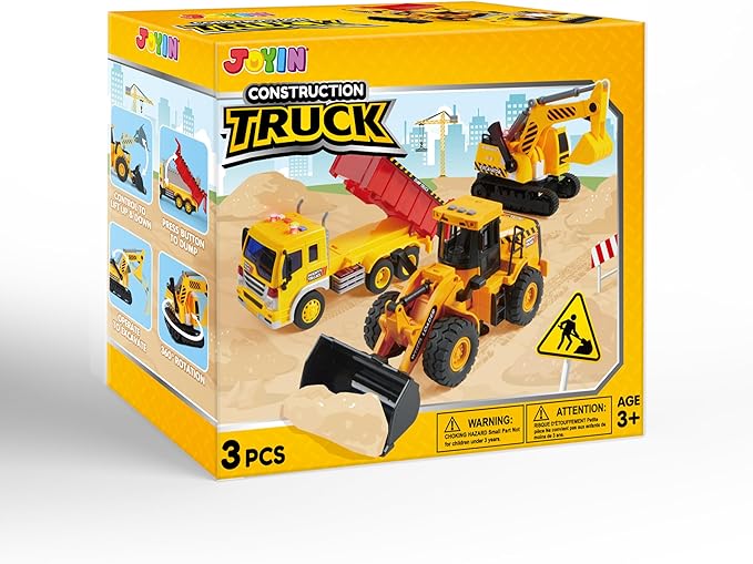 JOYIN 3 Pack Construction Toy - Excavator, Dump Truck and Loader, Moveable Claw & Lifting Back, Construction Truck Toy, Christmas Borthday Gift for Toddler Boys Kids
