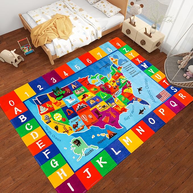 USA Map ABC Kid Rug 39.4" ร 63" for Playroom Geography Classroom Rug Educational Baby Playmat Alphabet Mat for Primary School Fluffy Ployester Non-Slip Preschool Carpet for Nursery Room