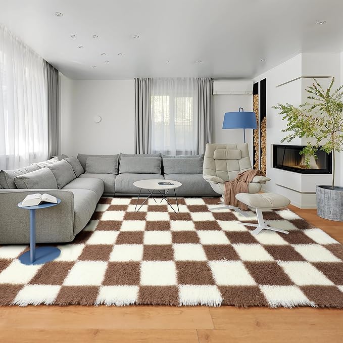 KICMOR Rugs for Living Room 8x10, Large Fluffy Fuzzy Brown and Cream White Checkered Shag Area Rug Shaggy Big Carpets for Bedroom, Soft Plush Floor Rugs for Kids Boys Girls Room Nursery Home Decor