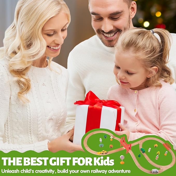 Wooden Train Set for Kids Ages 4-8, Wood Train Track with Magnetic Toy Train Accessories for Toddlers 3-5 Year Old Boy & Girl, Railway Set Road Sign Fit Major Brand Christmas Toy (40 Pieces)