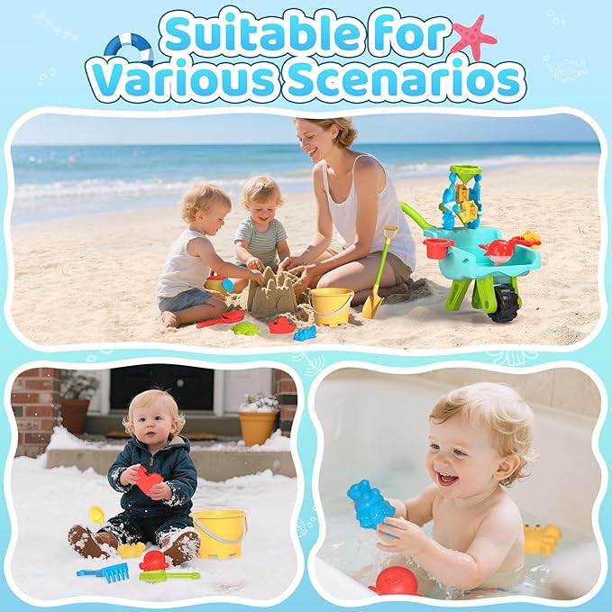 Beach Sand Toys for Kids - Beach Toy Trolley Car with Shovel Tool Kit, Beach Bucket & Animal Molds - Summer Outdoor Gift Sensory Sand Toys for Boys Girls Toddlers 3-5