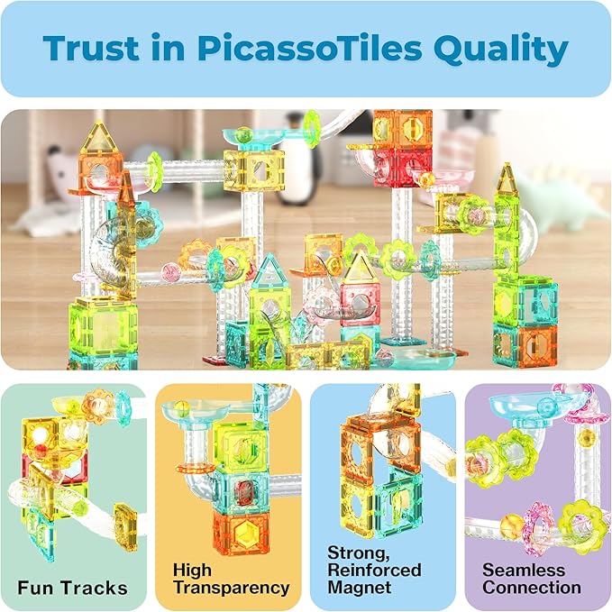 PicassoTiles 60 pc Magnet Tiles Building Block Travel Size Magnetic Marble Run Construction Toy Set Mini Diamond Marble RaceTrack Building Blocks Playset Education STEM Learning Kit Boy Girl 3+ PTMG60